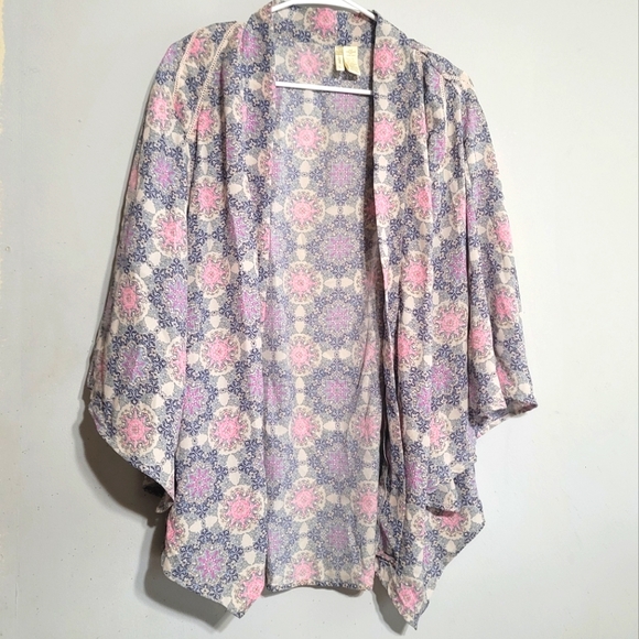 Tops - Large Kimono Top Floral Pink Blue Sheer‎ Swim Coverup Boho Coastal Cowgirl